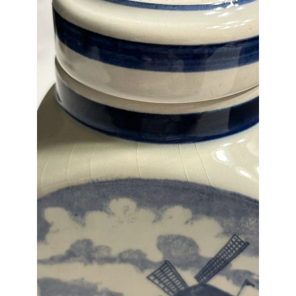 Pair of Delft Blue White Lidded Jars Spice Vanity Windmill Sailboat